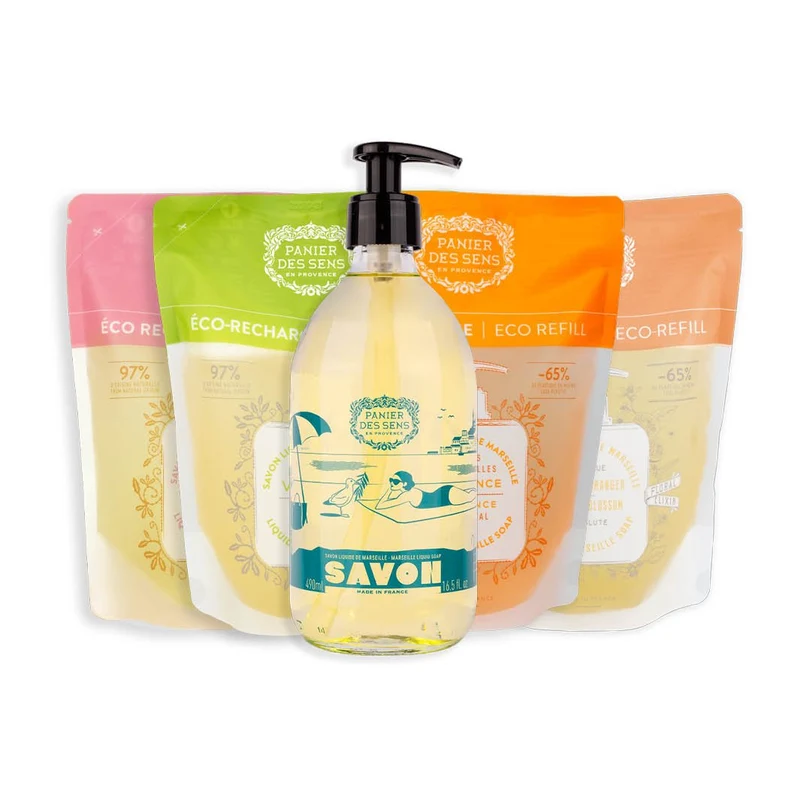 Savon liquide de Marseille Olive Édition limitée 25 ans + 4 recharges - Fleur d'Oranger, Verveine, Rose et Provence