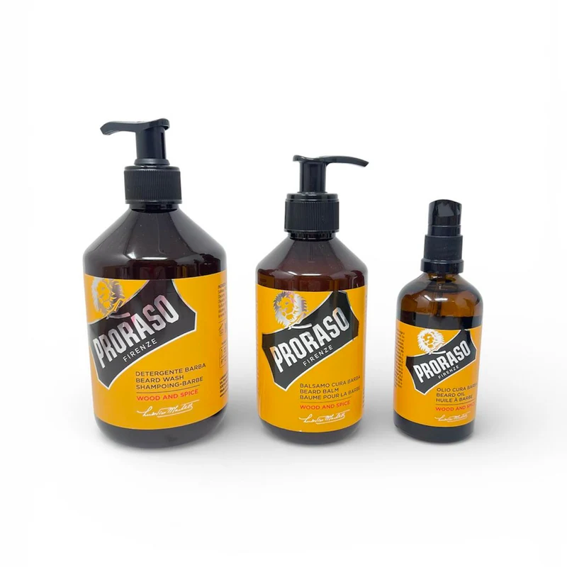 Kit Proraso Cura Barba Balsamo Cura Barba Wood & Spice 300 ml Detergente Cura Barba Wood & Spice Proraso 500 ml Olio da Barba Wood & Spice 100 ml Proraso