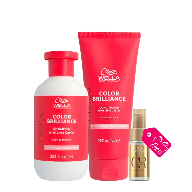 Wella Invigo Color Brilliance Fine Shampoo 300ml Conditioner 200ml + Oil Reflections Luminous Oil 30ml OMAGGIO