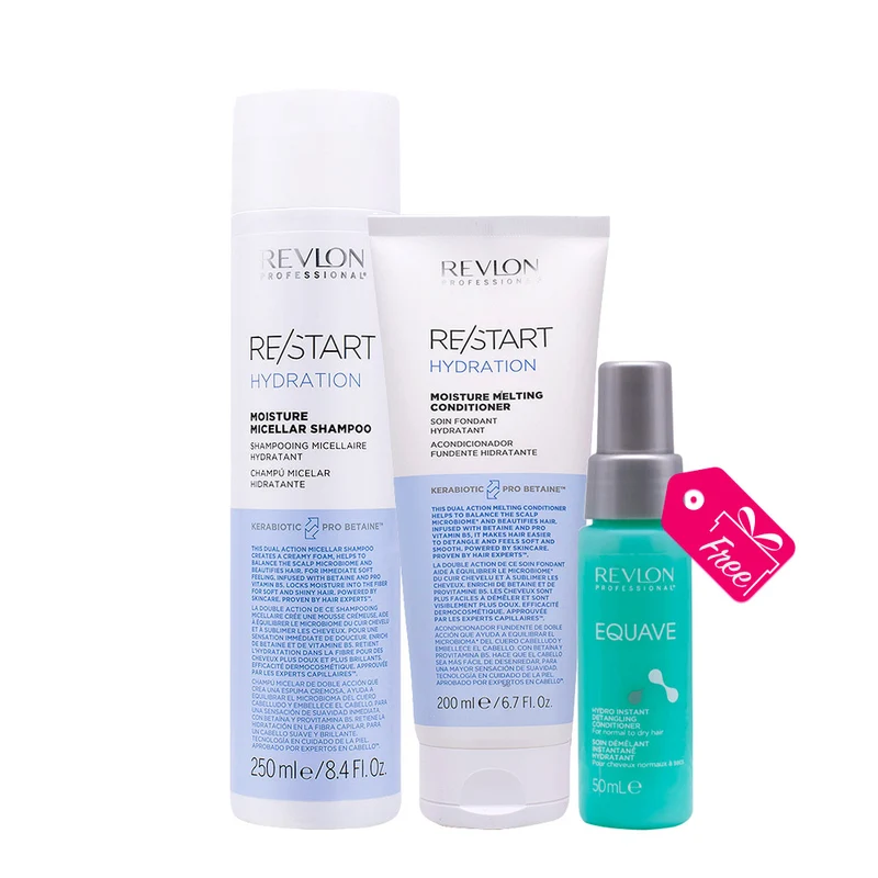 Revlon Restart Hydration Moisture Micellar Shampoo 250ml Conditioner 200ml + Hydro Detangling Spray 50ml OMAGGIO