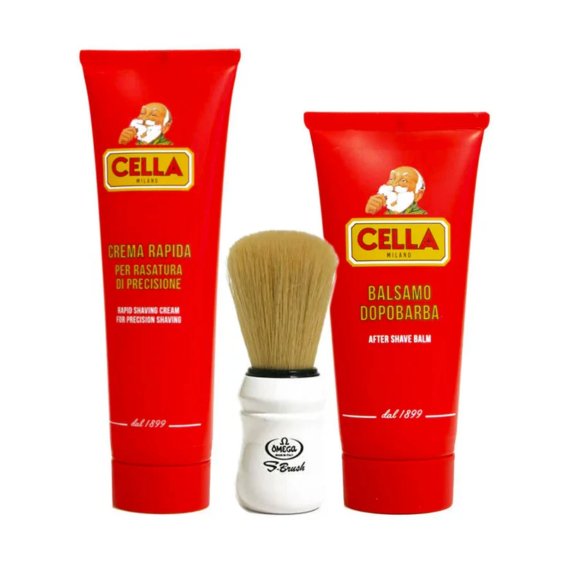 Kit Cella Rasatura Rosso Crema Rapida Rasatura Precisione 150 ml e Balsamo Dopobarba 100 ml Cella Milano - Pennello S-Brush S10049 Omega