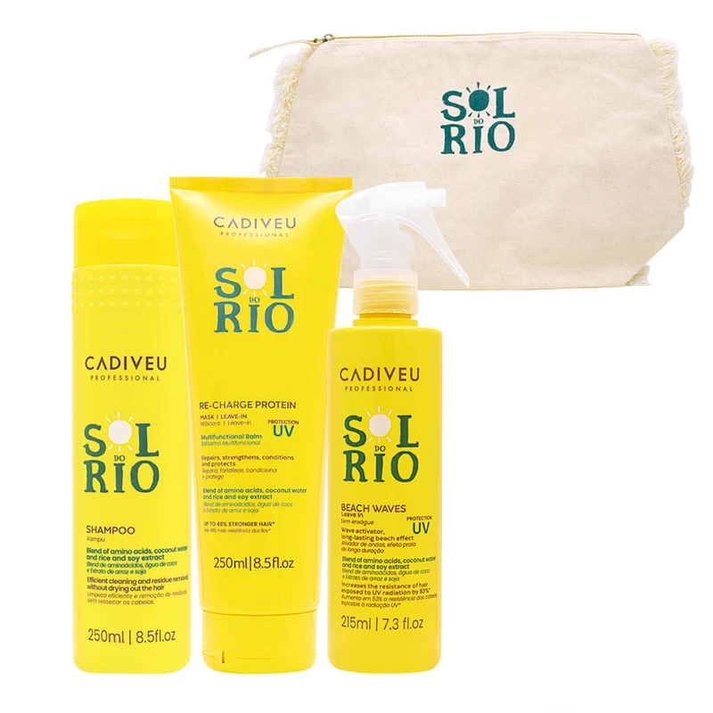 Cadiveu Sol Do Rio Professional Shampoo 250ml Mask 250ml Leave-In Conditioner 215ml + Beach Pochette OMAGGIO