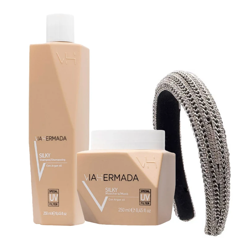 VIAHERMADA Silky Shampoo 250ml Mask 250ml + Cerchietto Bombato Rivestito Con Catene e Strass In Omaggio