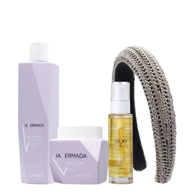 VIAHERMADA Anti-Yellow Shampoo 250ml Mask 250ml Silky Oil 50ml + Cerchietto Bombato in Omaggio