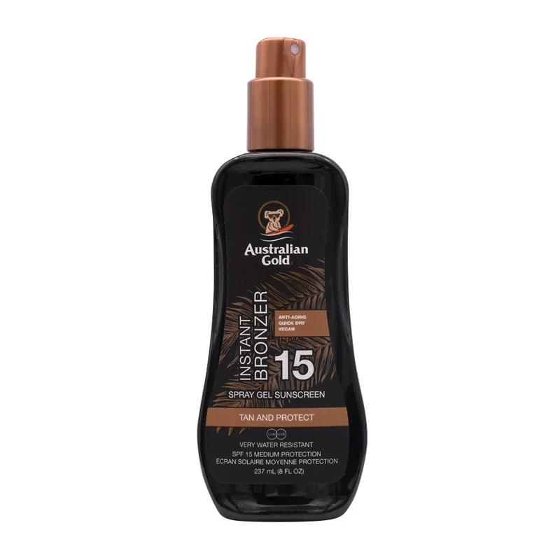 Australian Gold SPF15 Instant Bronzer Spray Gel Sunscreen 237ml - spray protezione solare con autoabbronzante