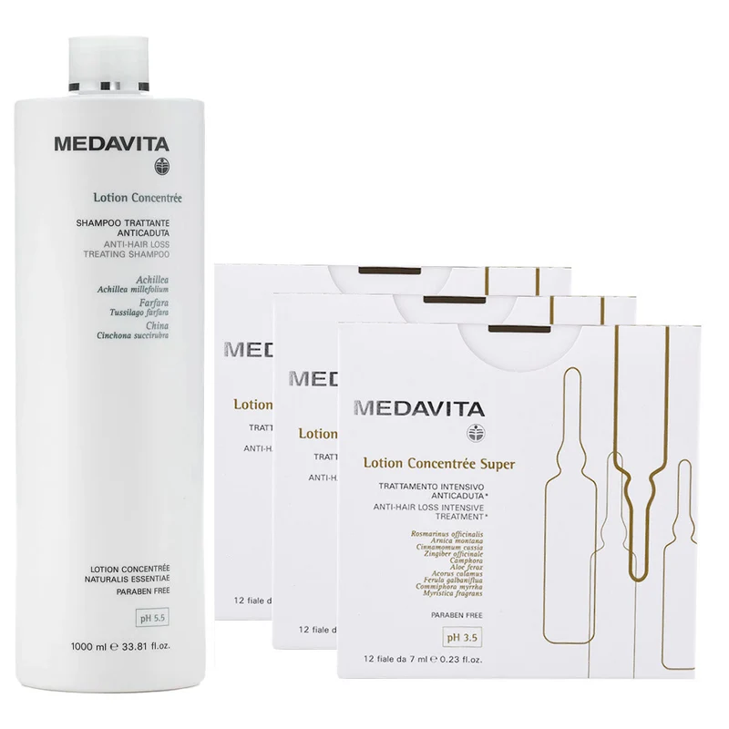 Medavita Cute Lotion Concentree Rituale Anticaduta Trattamento Completo Shampoo 1000ml e Fiale Super 12x7ml x3