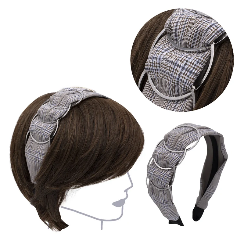 VIAHERMADA Cerchietto per Capelli Tessuto Beige Scacchi con Anelli in metallo argento