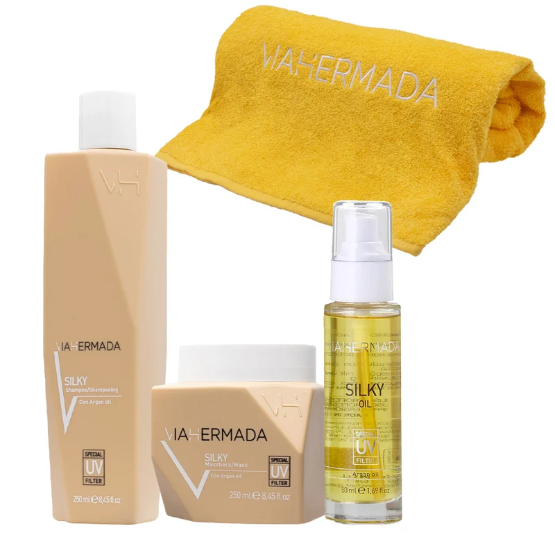 VIAHERMADA Silky Shampoo 250ml Mask 250ml Silky Oil 50ml + Asciugamano da mare giallo OMAGGIO