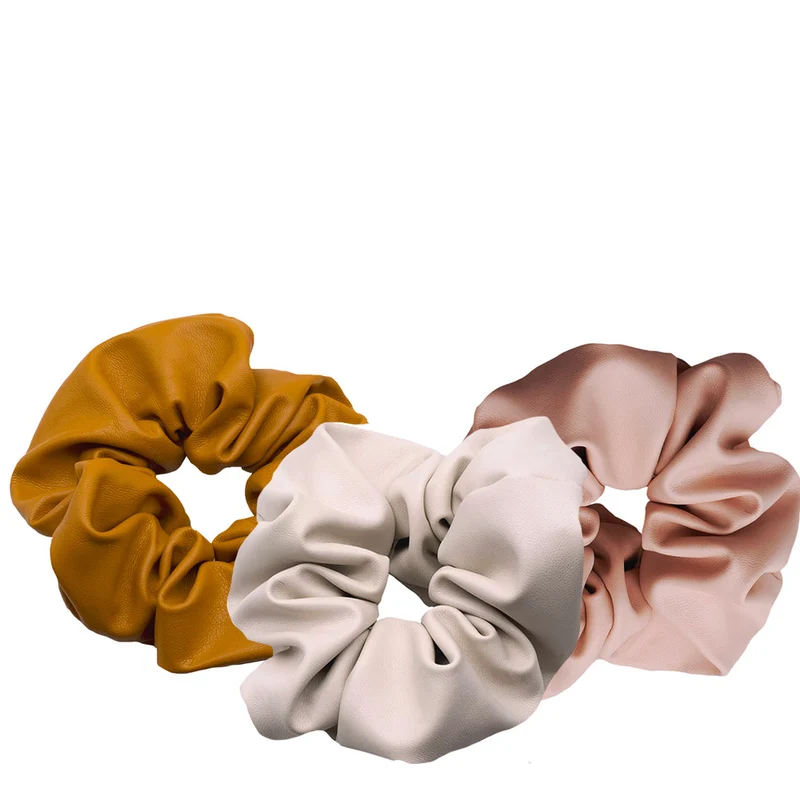 VIAHERMADA Set da 3 Scrunchy in Ecopelle Ocra + Rosa Antico + Panna